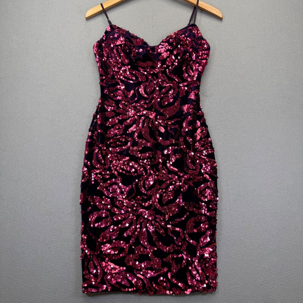 Privy Womens Small Purple Velvet Sequin Bodycon Mini Dress‎ Sweetheart Neckline